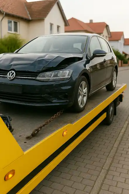 Ein defektes Auto wird für den Autoankauf in Mettmann abgeschleppt, um den Verkaufsprozess zu starten.